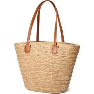 Women Khaki Straw Beach Bag Crossbody Shoulder Vacation Purse for Summer‎